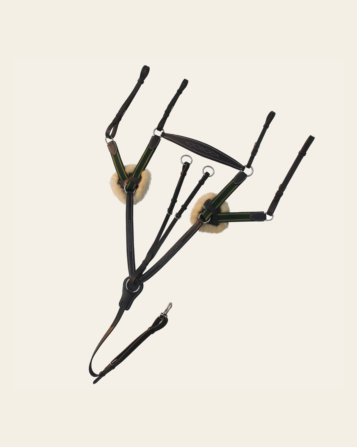 ExionPro 5 Point Breastplate - Green Elastic with Yellow Lines on a warm cream background