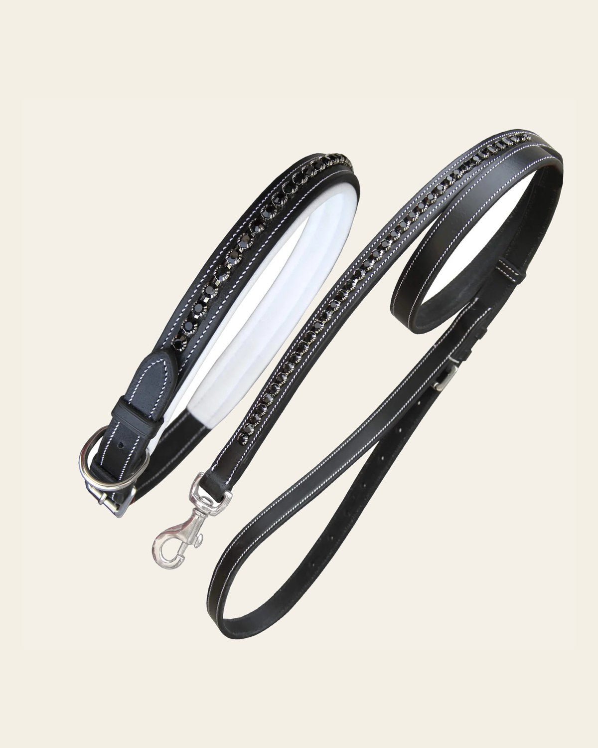 ExionPro Black Bling Dog Collar With Leash on a warm cream background