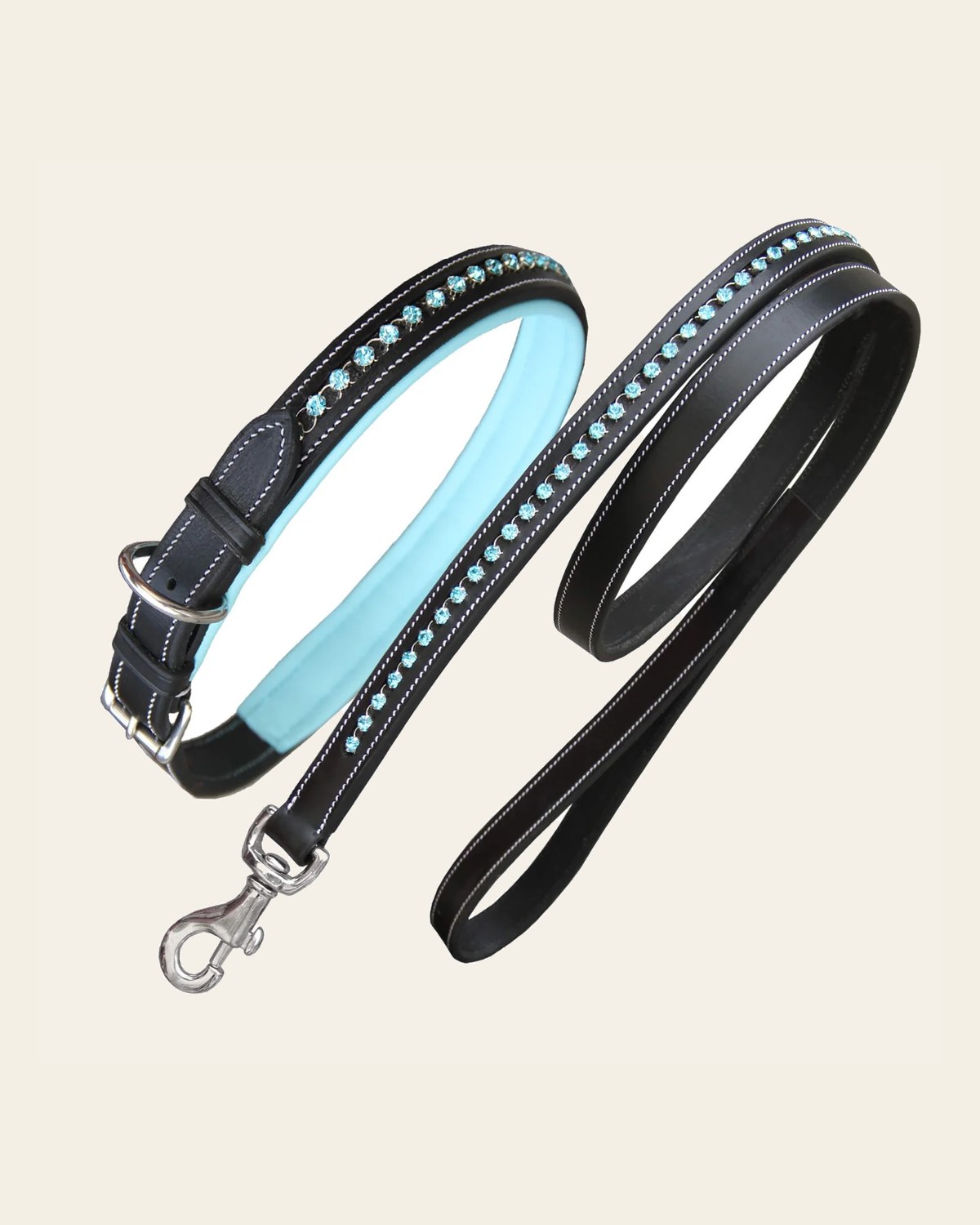 ExionPro Blue Bling Dog Collar With Leash on a warm cream background