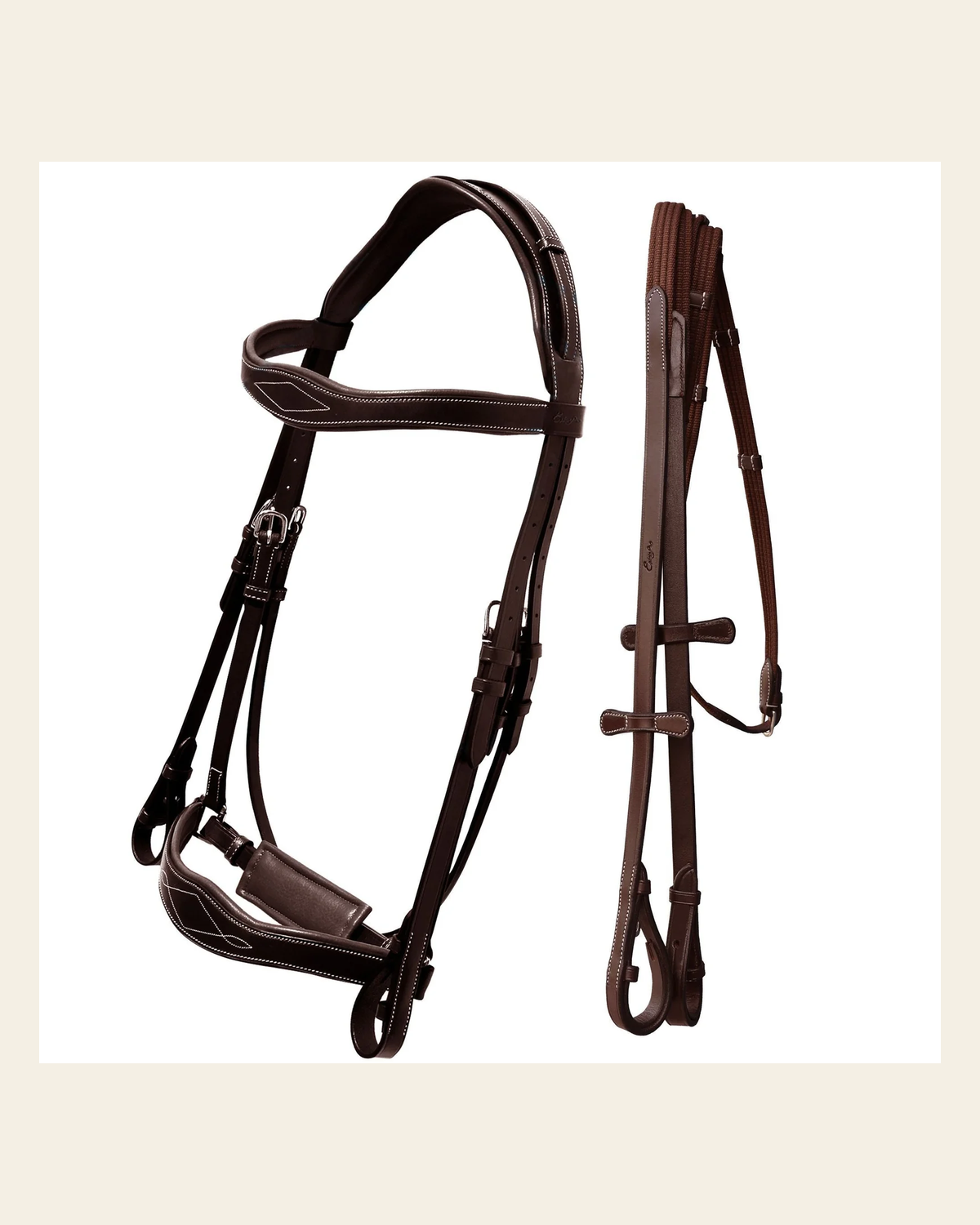 ExionPro Broad Wave Shape Designer Fancy Dressage Bridle & Web Reins on a warm cream background