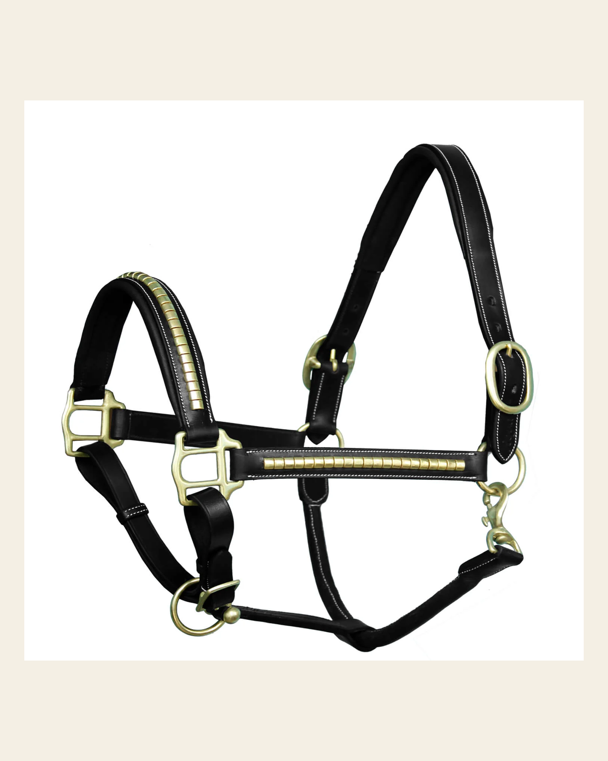 ExionPro Clincher Halter - Brass Hardware on a warm cream background