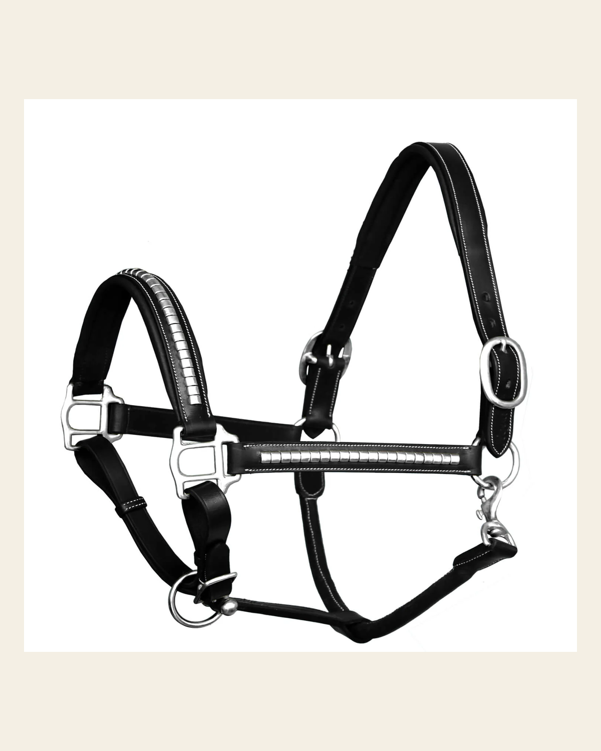 ExionPro Clincher Halter - Brass Nickel Hardware on a warm cream background