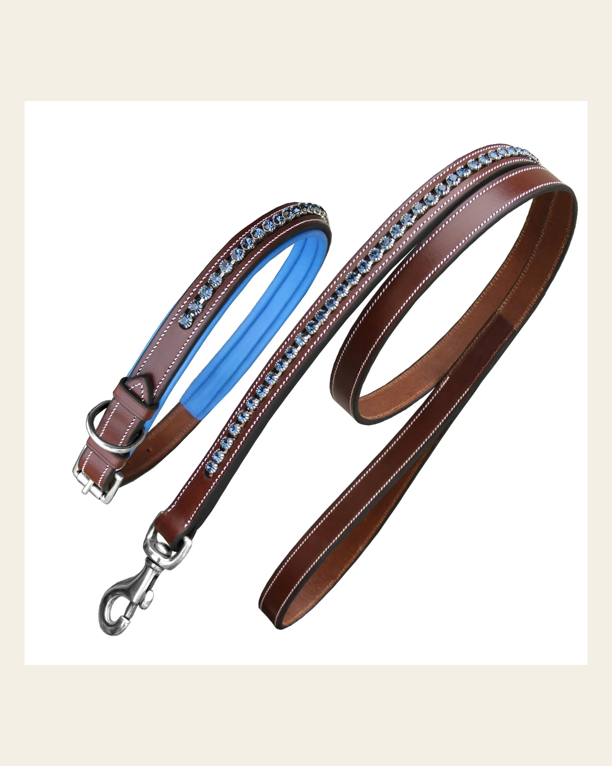 ExionPro Dark Blue Bling Dog Collar With Leash on a warm cream background