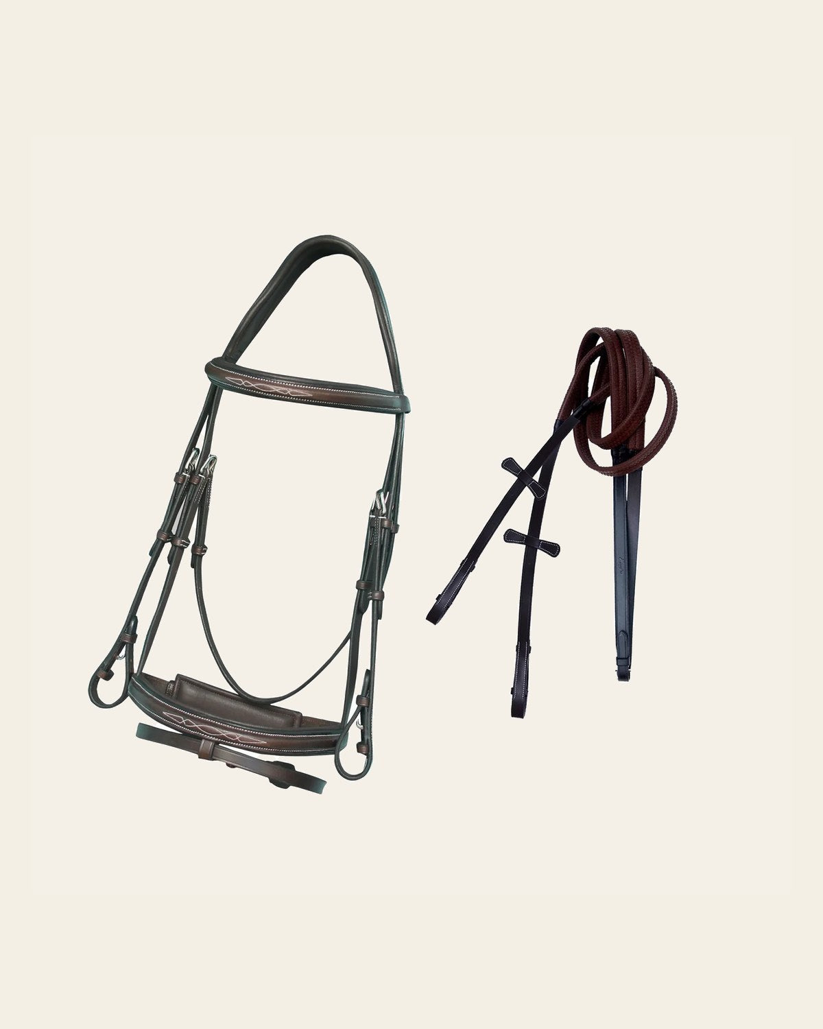 ExionPro Designer Fancy Stitched Bridle with Flash and Rubber Reins on a warm cream background
