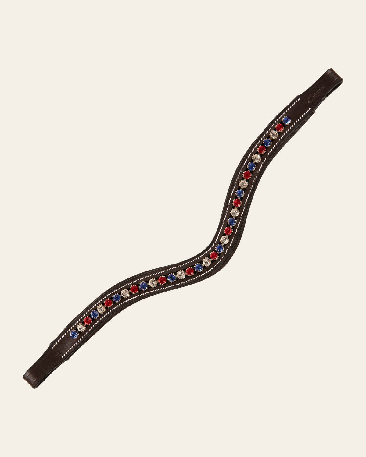 ExionPro Designer Red, Blue & White linked Crystal Browband on a warm cream background