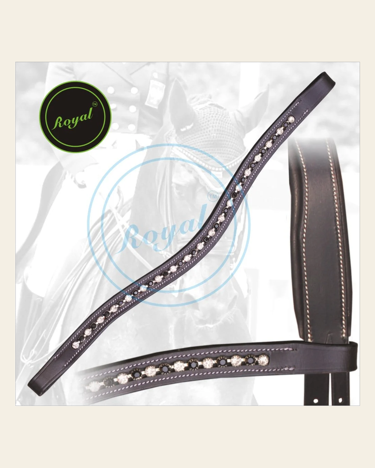 ExionPro Designer Sparkling Black & White linked Crystal Browband on a warm cream background