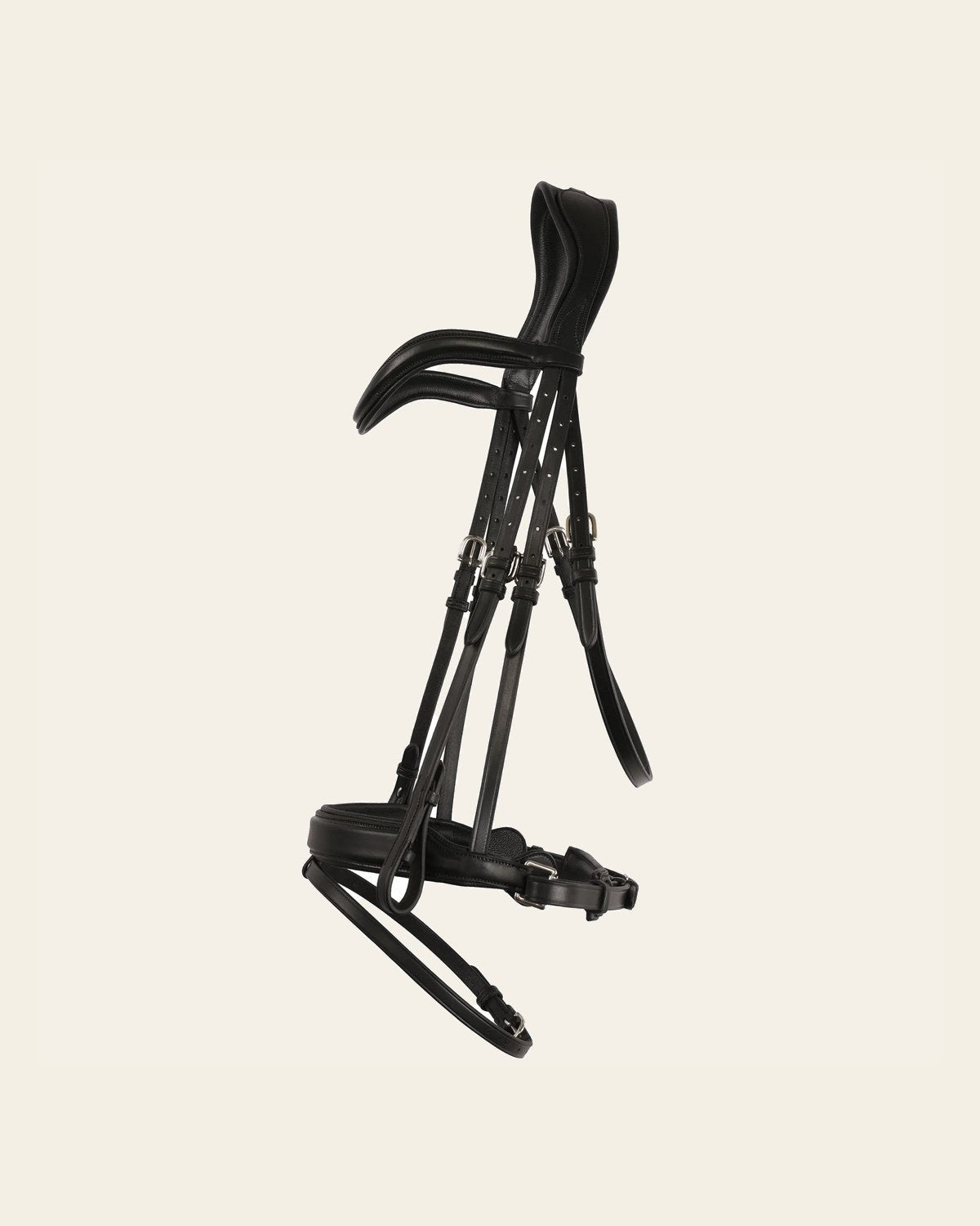 ExionPro Dressage Anti-Pressure Raised Comfort Padded Bridle on a warm cream background