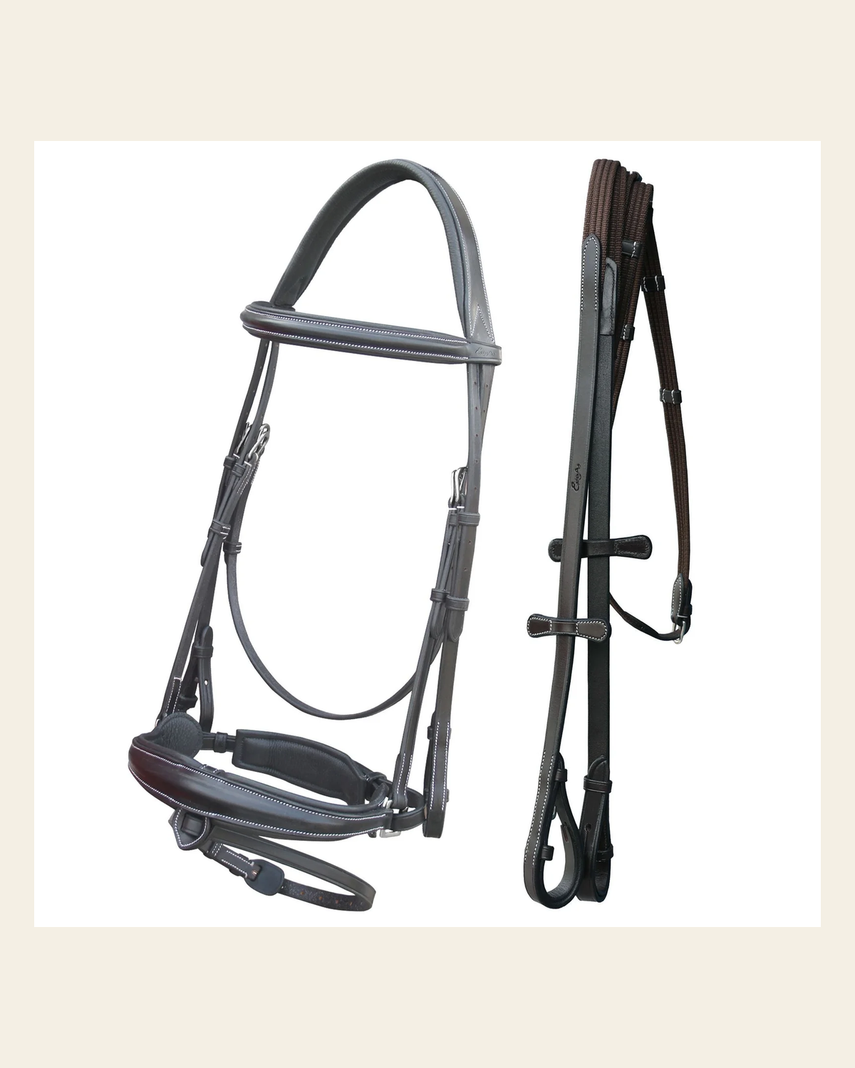 ExionPro Dressage Bridle: Mono Crown, Raised Browband, Anatomical Noseband, Detachable Flash & Web Reins on a warm cream background