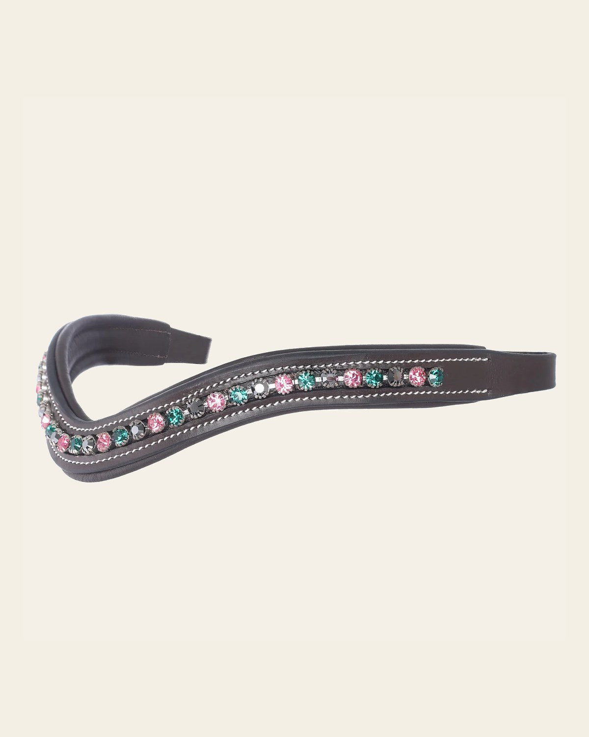 ExionPro Elegant Soft Padded Rose, Emerald, Jet Hematite Colored Crystal Browband on a warm cream background
