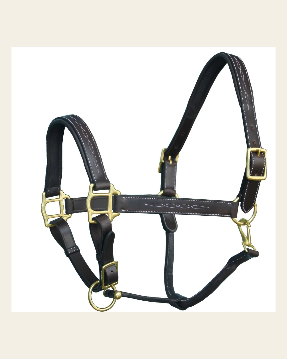 ExionPro Fancy Stitched Halter - Brass Hardware on a warm cream background
