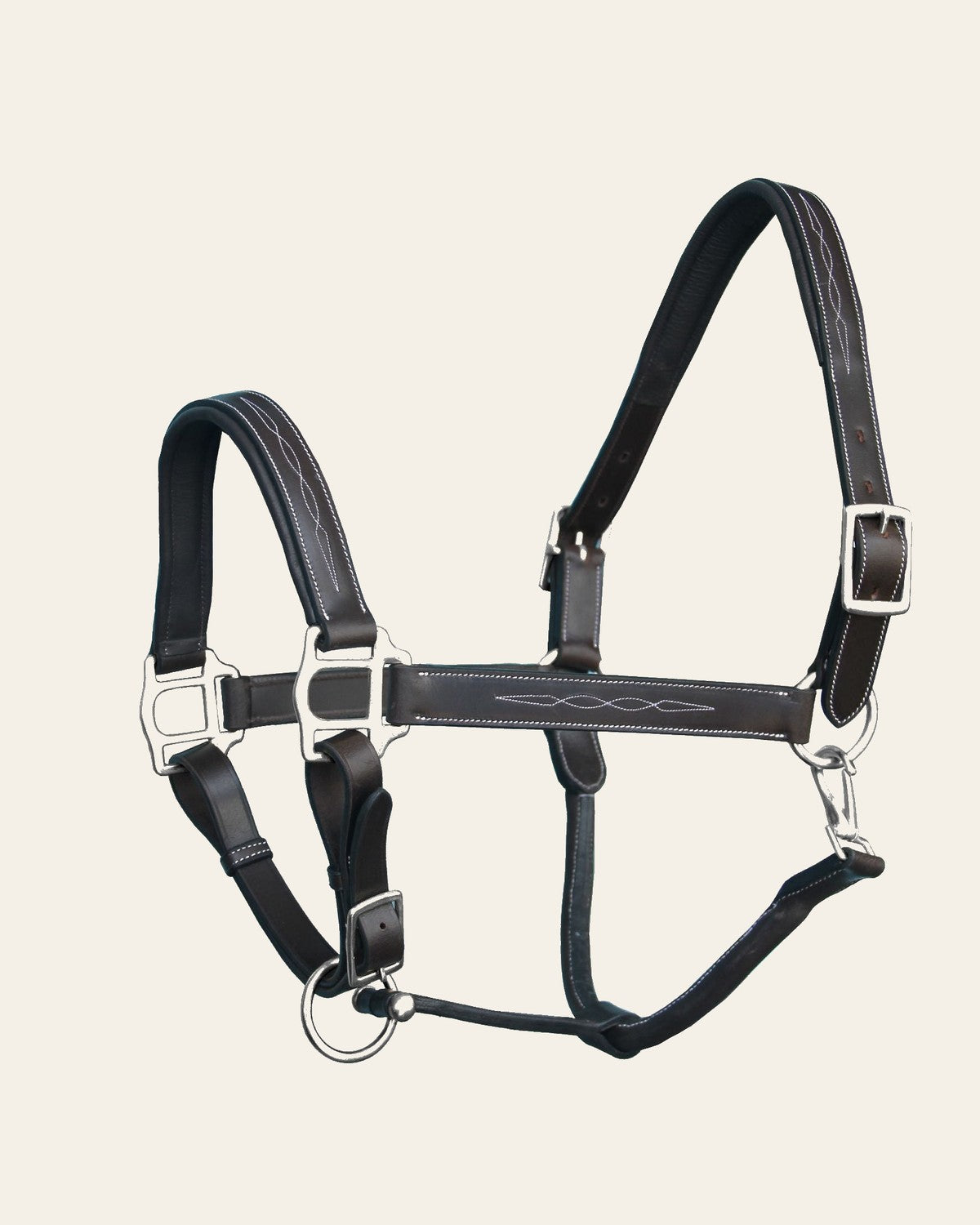 ExionPro Fancy Stitched Halter - Brass Nickel Hardware on a warm cream background