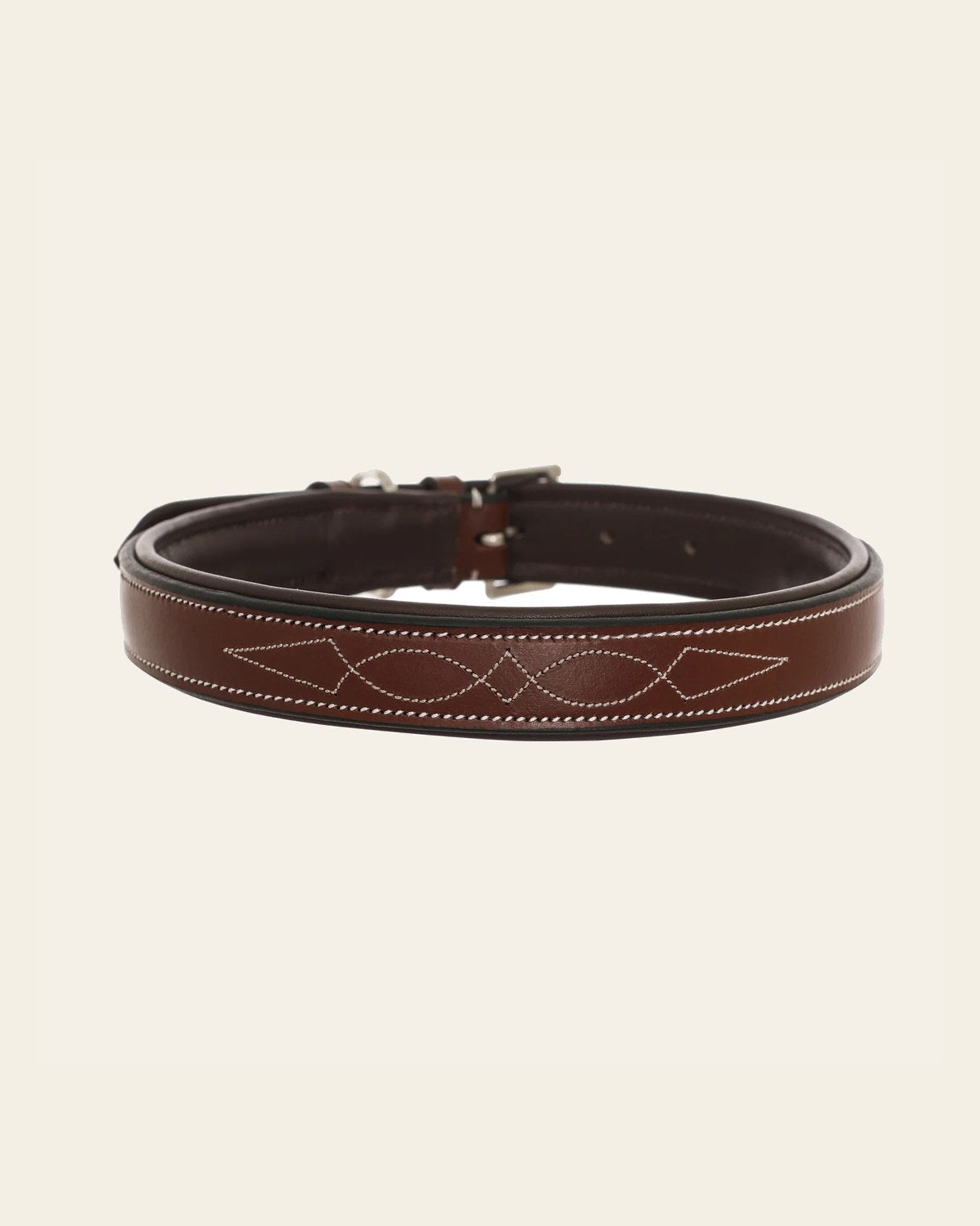 ExionPro Fancy Stitched Padded Leather Dog Collar - Oak Brown Padding on a warm cream background