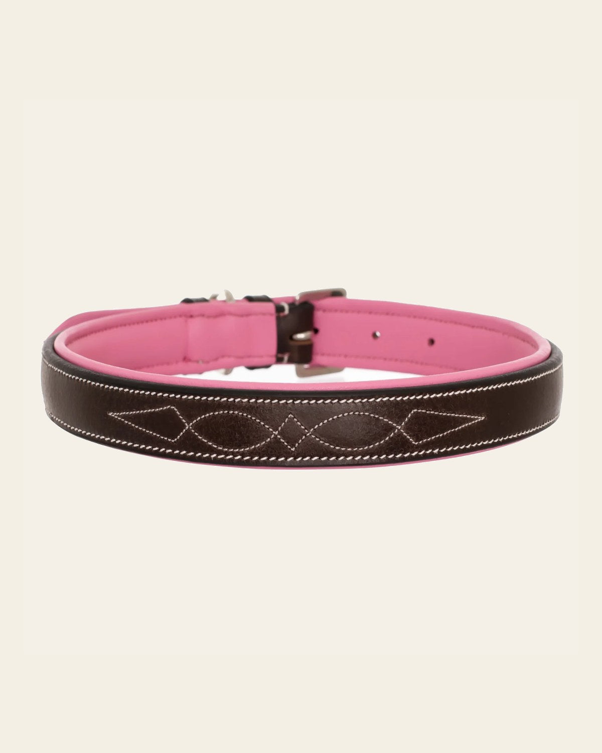 ExionPro Fancy Stitched Padded Leather Dog Collar - Pink Padding on a warm cream background