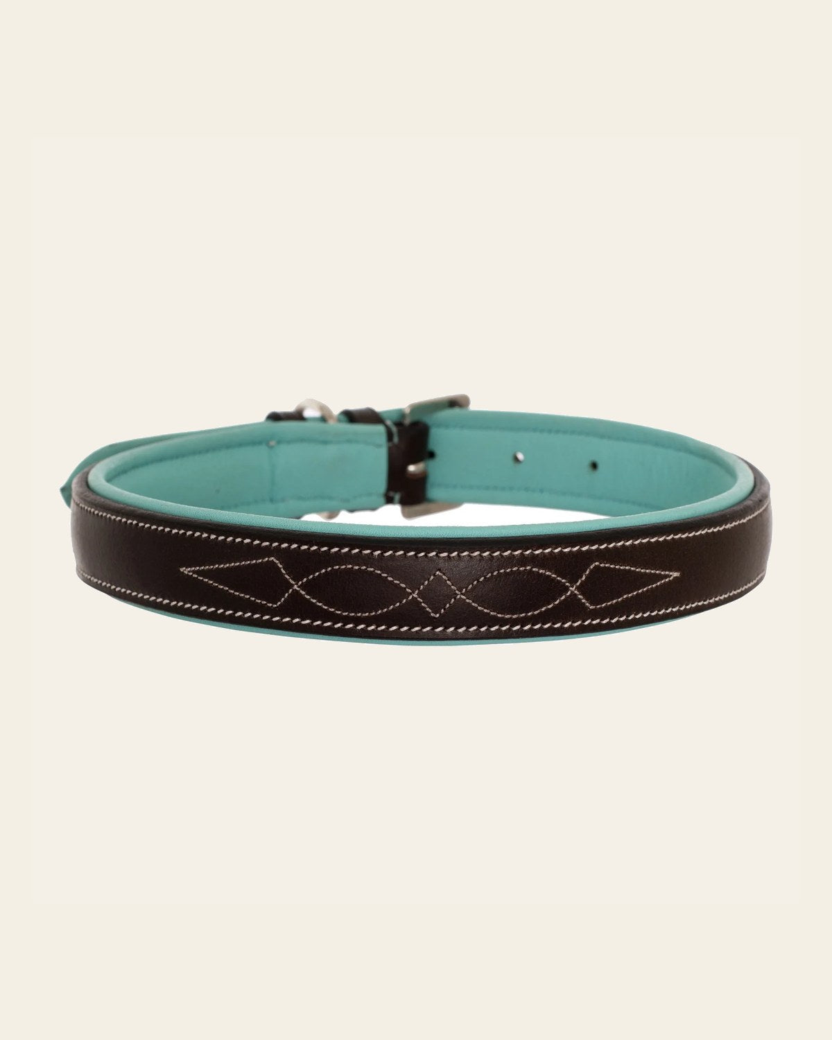 ExionPro Fancy Stitched Padded Leather Dog Collar - Sky Blue Padding on a warm cream background