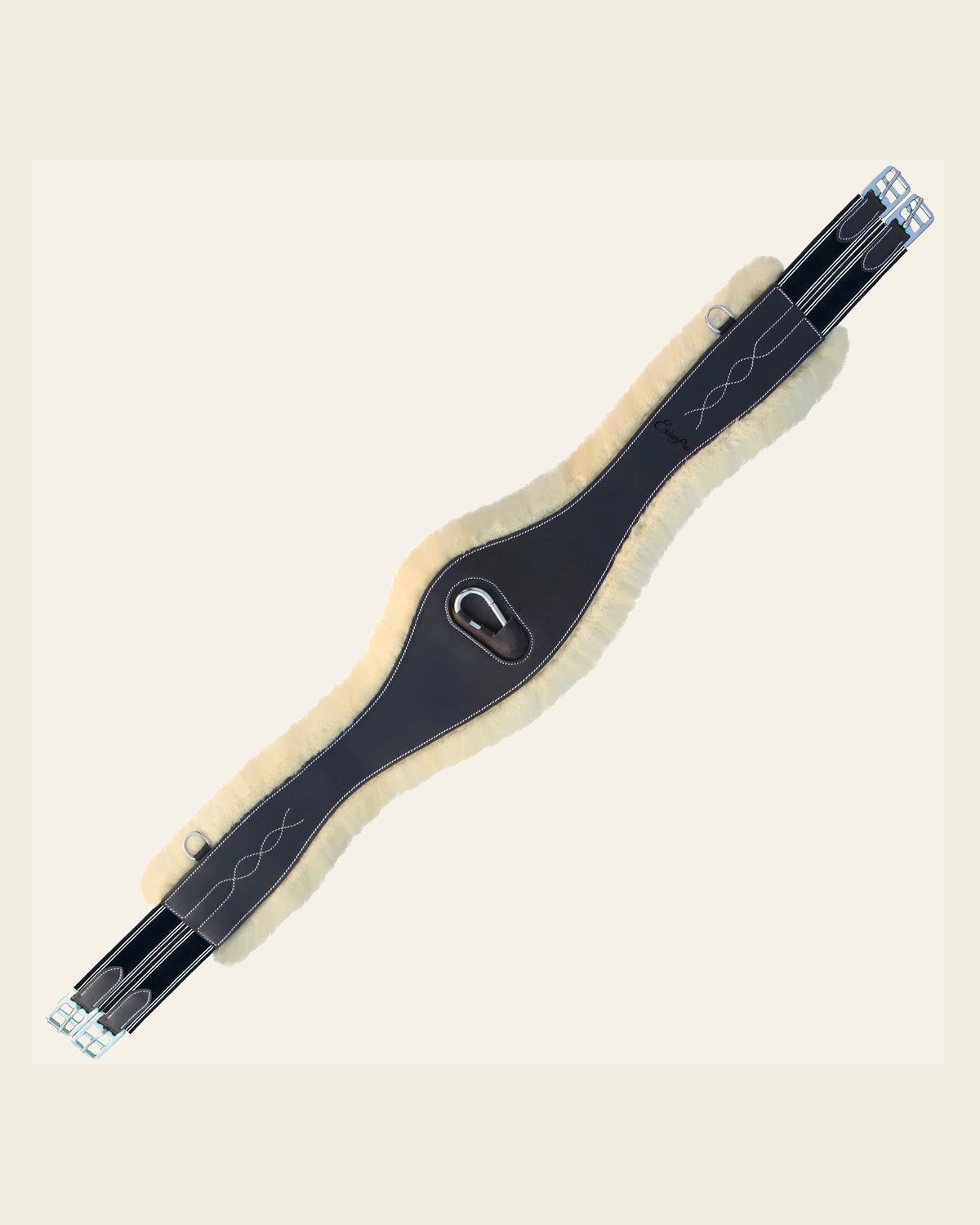 ExionPro Fancy Stitched 'Snap' Girth - Navy Blue Elastic with White Lines on a warm cream background