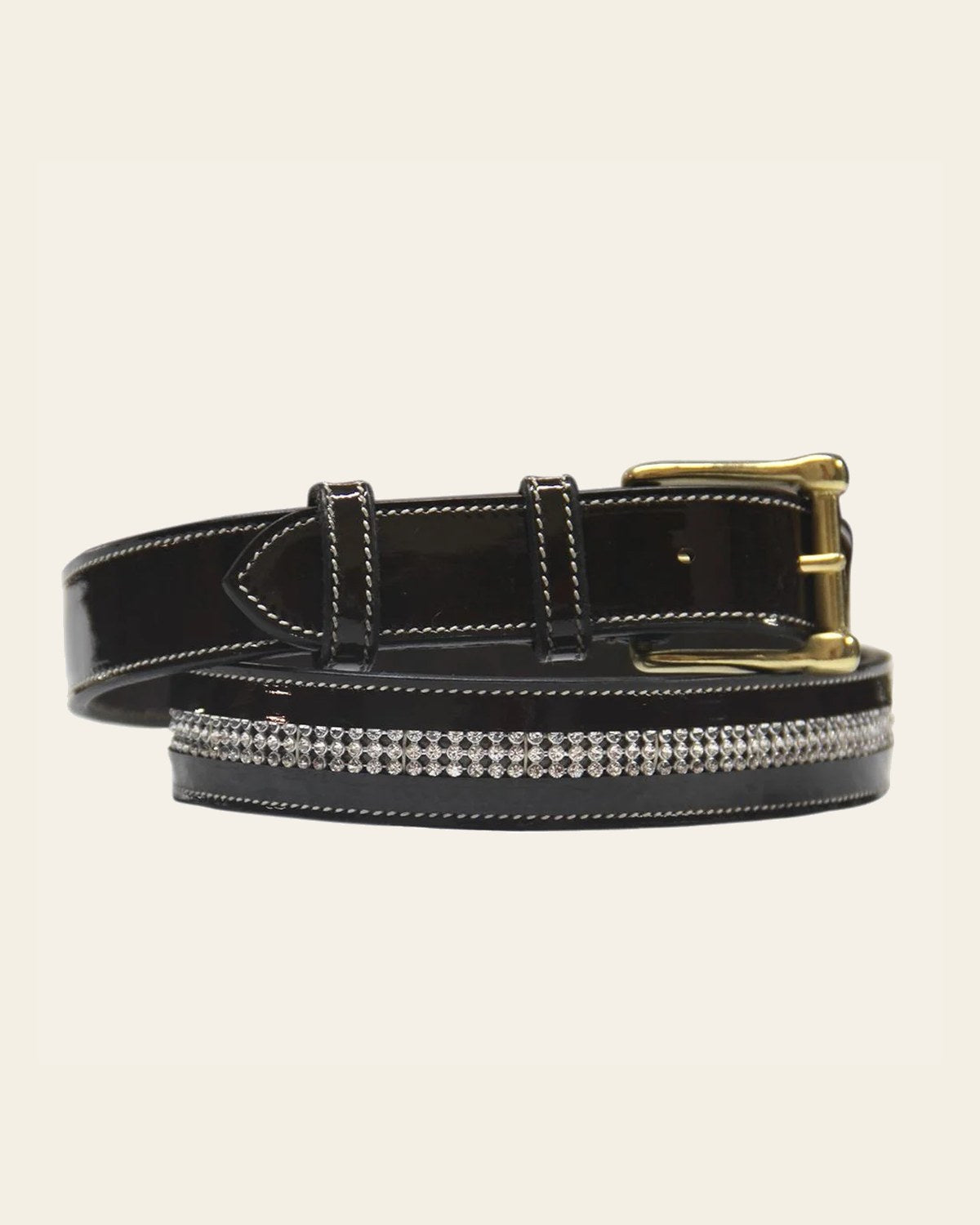 ExionPro Full Diamond Glossy Leather Belt on a warm cream background
