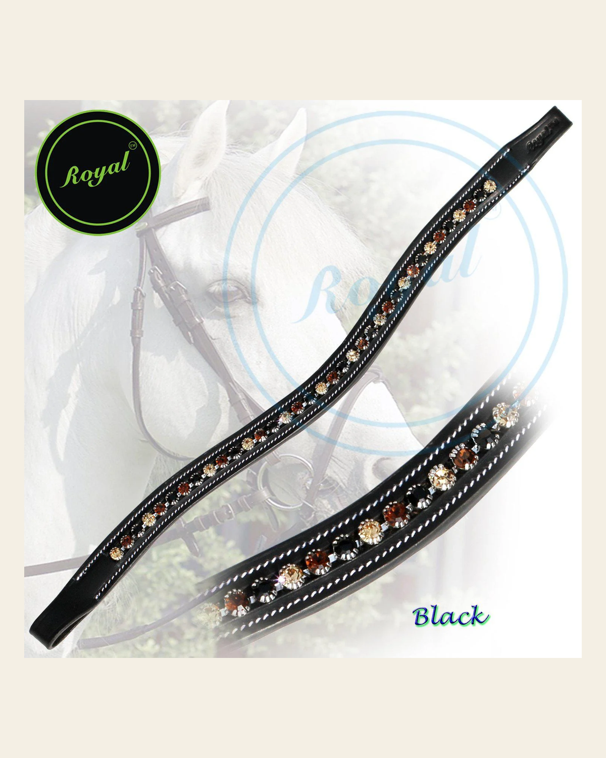 ExionPro Glittering Jet Black, Smoke Topaz and Light Topaz Crystal Browband on a warm cream background