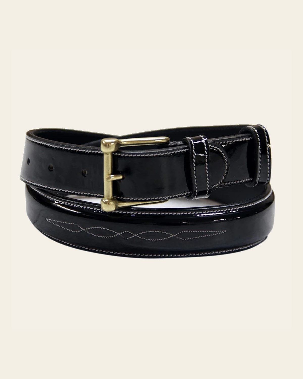 ExionPro Glossy Leather Fancy Stitched Belt on a warm cream background