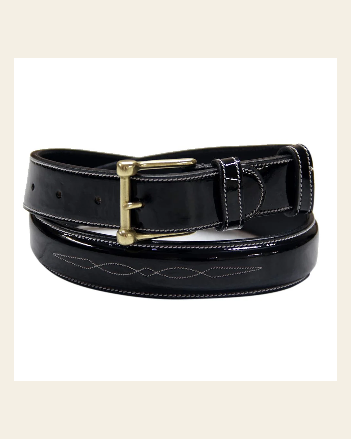 ExionPro Glossy Leather Fancy Stitched Belt on a warm cream background