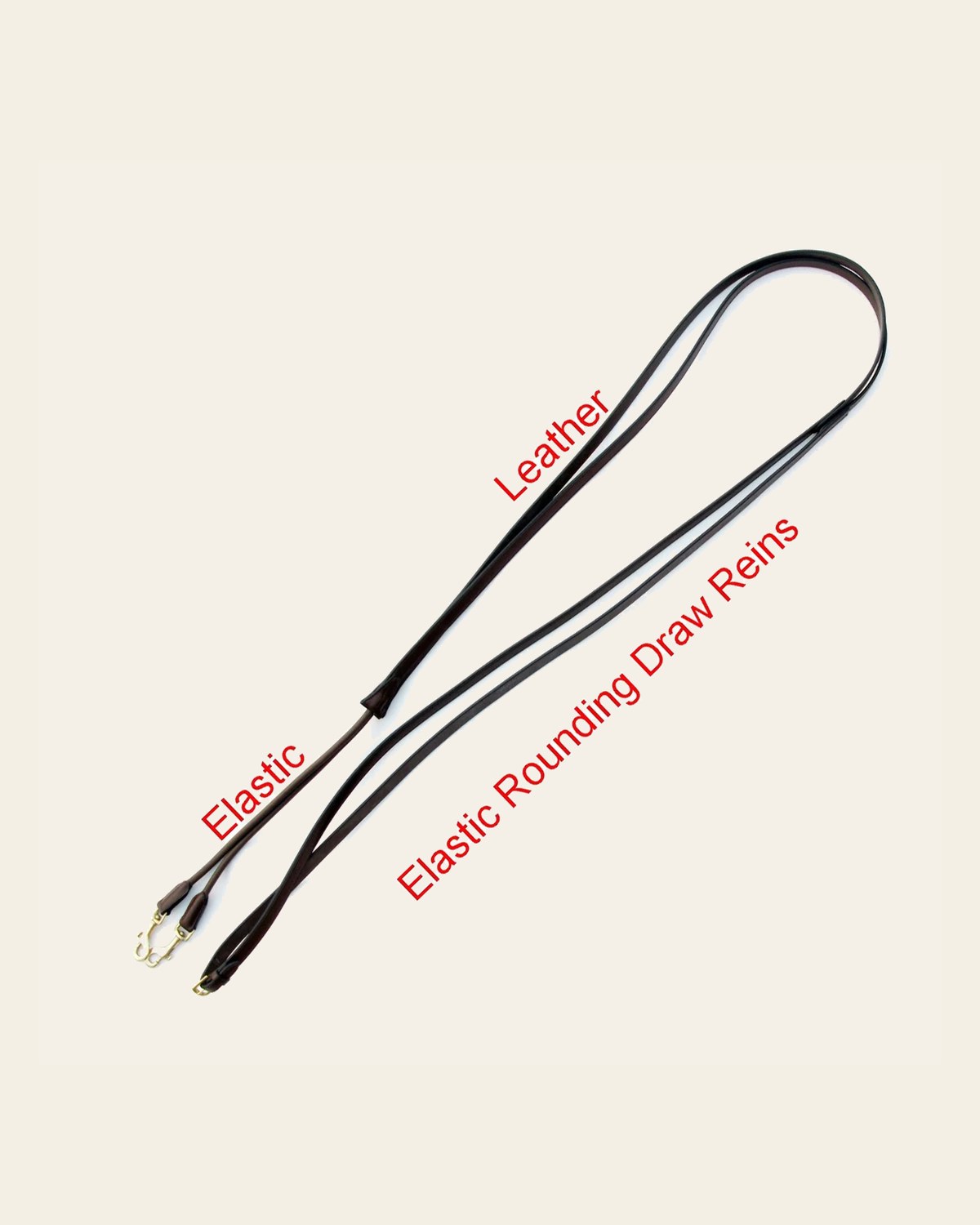 ExionPro Leather Draw Reins with Round Elastic on a warm cream background