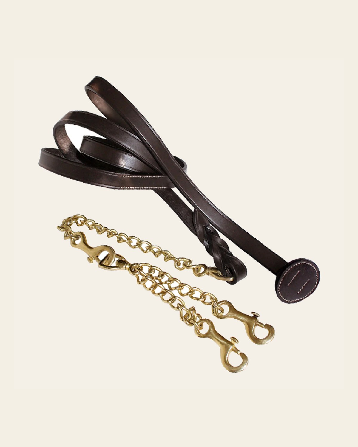 ExionPro Leather Lead with Double Brass Chain on a warm cream background