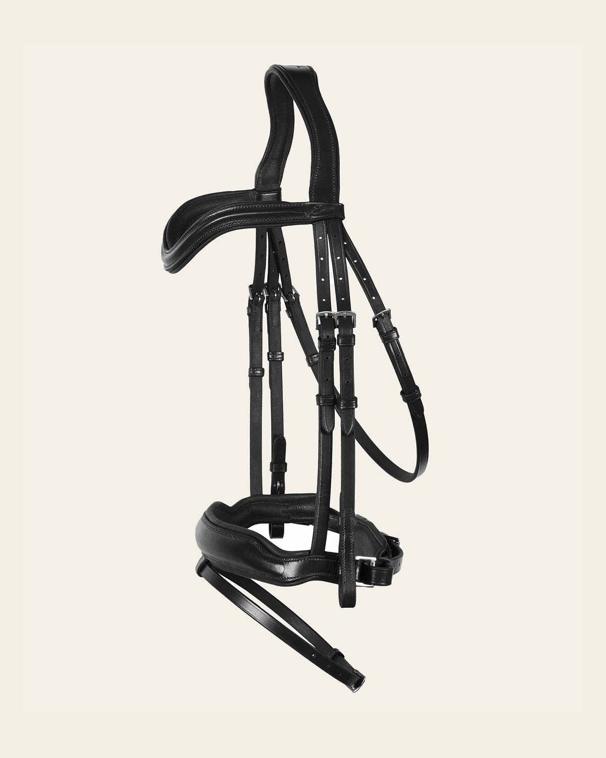 ExionPro 'Leo' Classic Dressage Bridle with Reins on a warm cream background