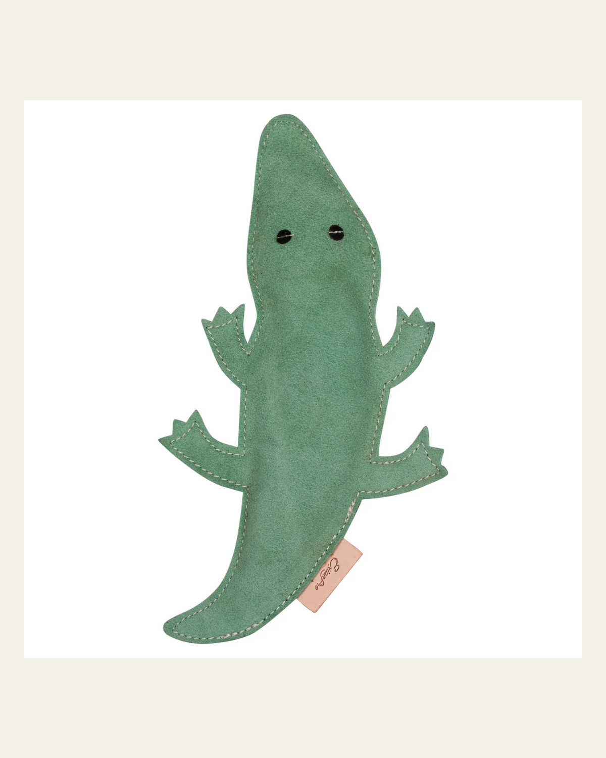 ExionPro Natural Leather Crocodile Dog Toy with Non Toxic Fiber Stuffing- Green Color on a warm cream background