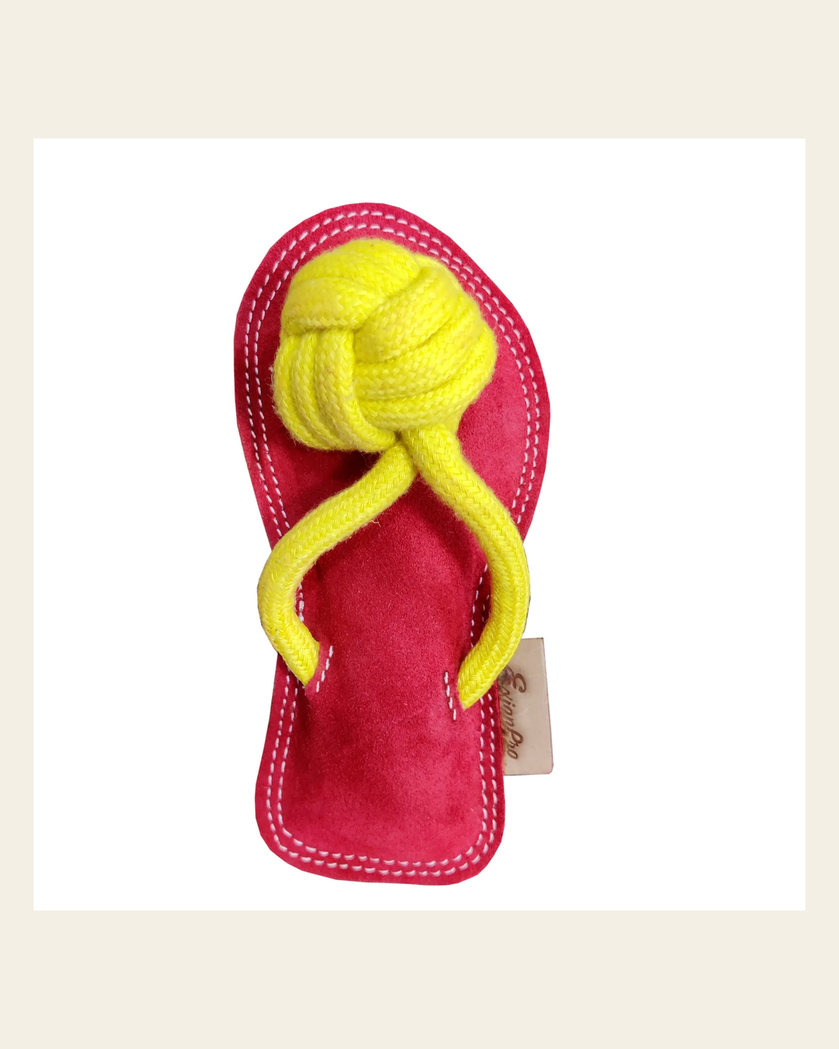 ExionPro Natural Leather Slipper Dog Toy with Non Toxic Fiber Stuffing - Red/Yellow Color on a warm cream background