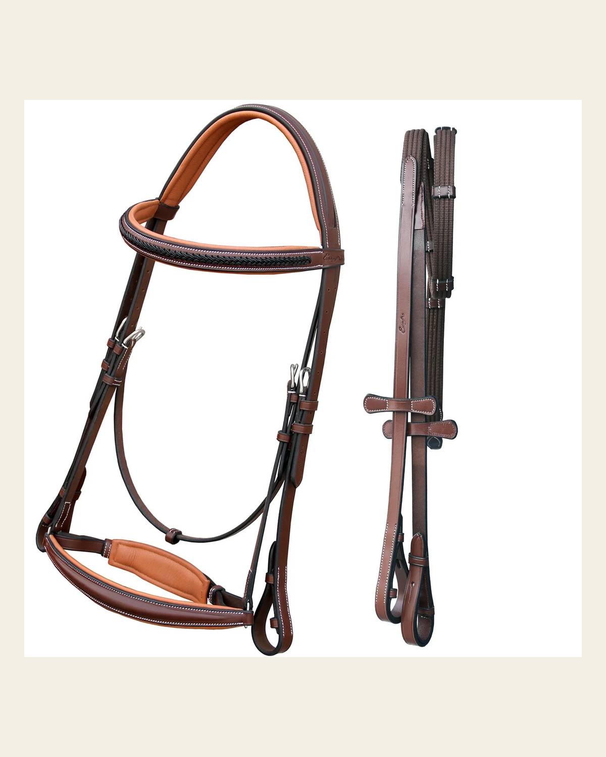 ExionPro Net Braided Browband & Dressage Bridle with Web Reins on a warm cream background