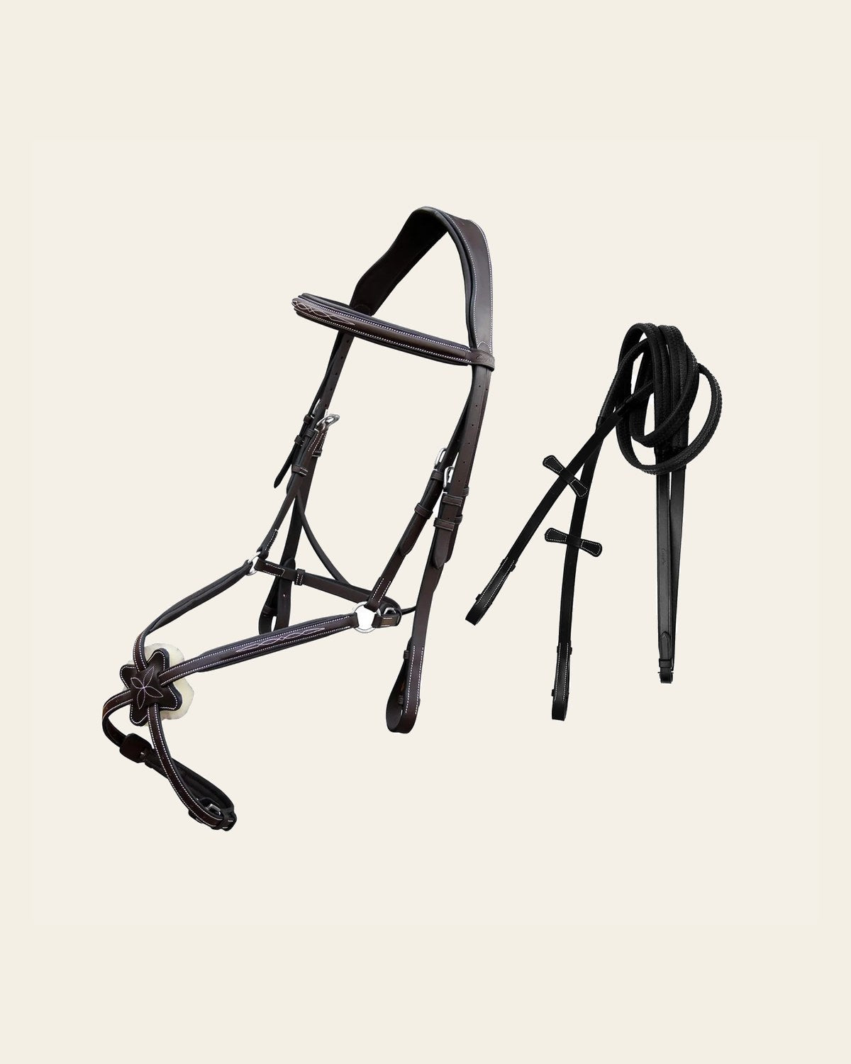 ExionPro Padded Ear Free Monocrown Crown Piece Figure 8 Bridle & Reins on a warm cream background