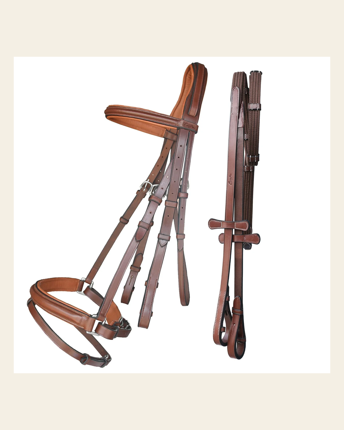 ExionPro Pressure Relief Crown Dressage Bridle with Web Reins on a warm cream background