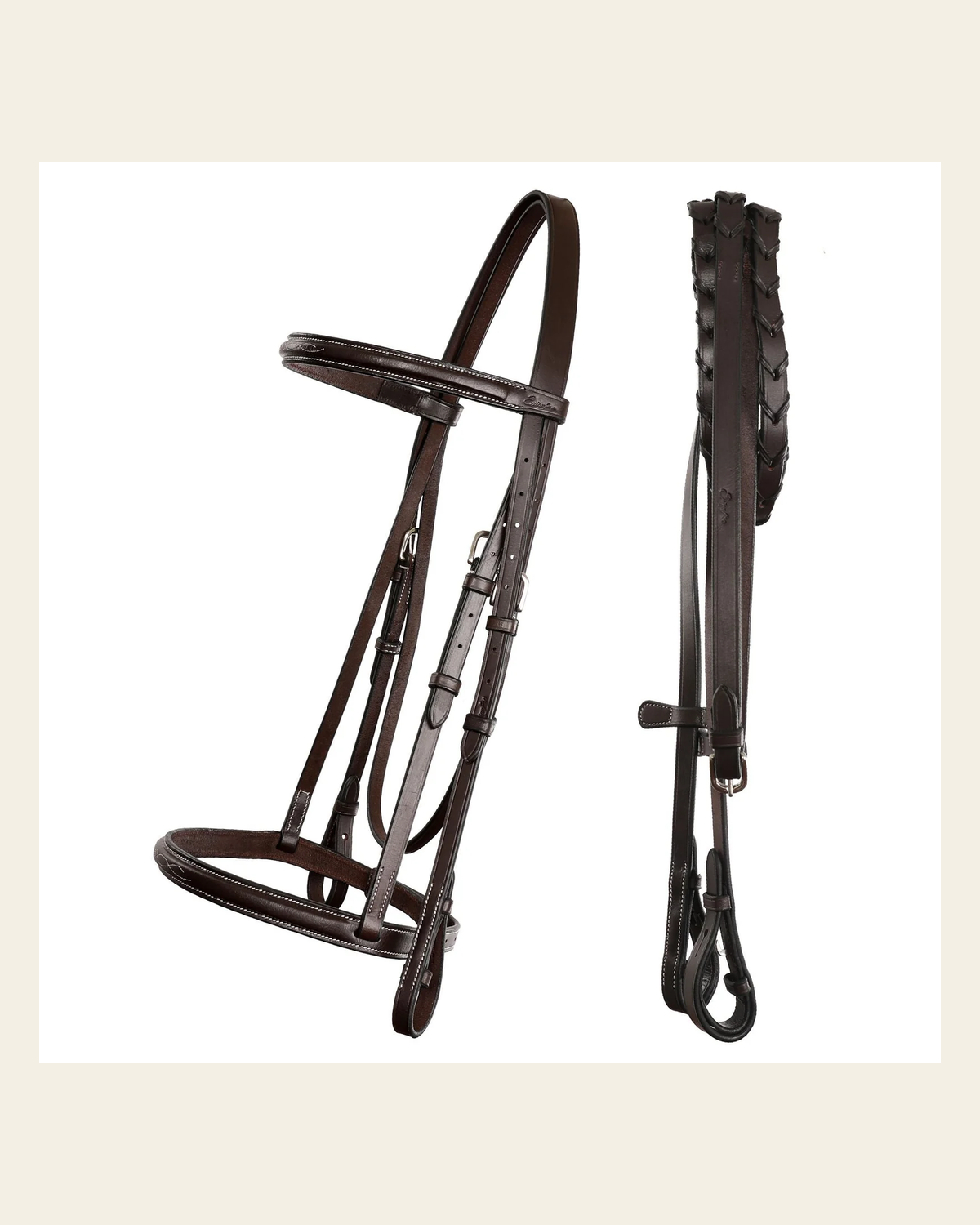 ExionPro Raised Thin Noseband Traditional Hunter Bridle with Reins on a warm cream background