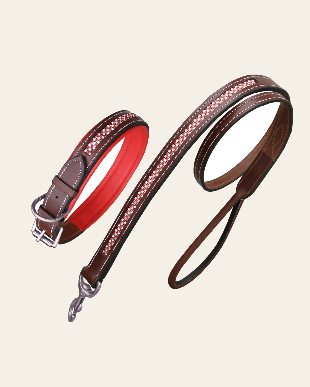 ExionPro Red Bling Padded Dog Collar With Dog Leash on a warm cream background