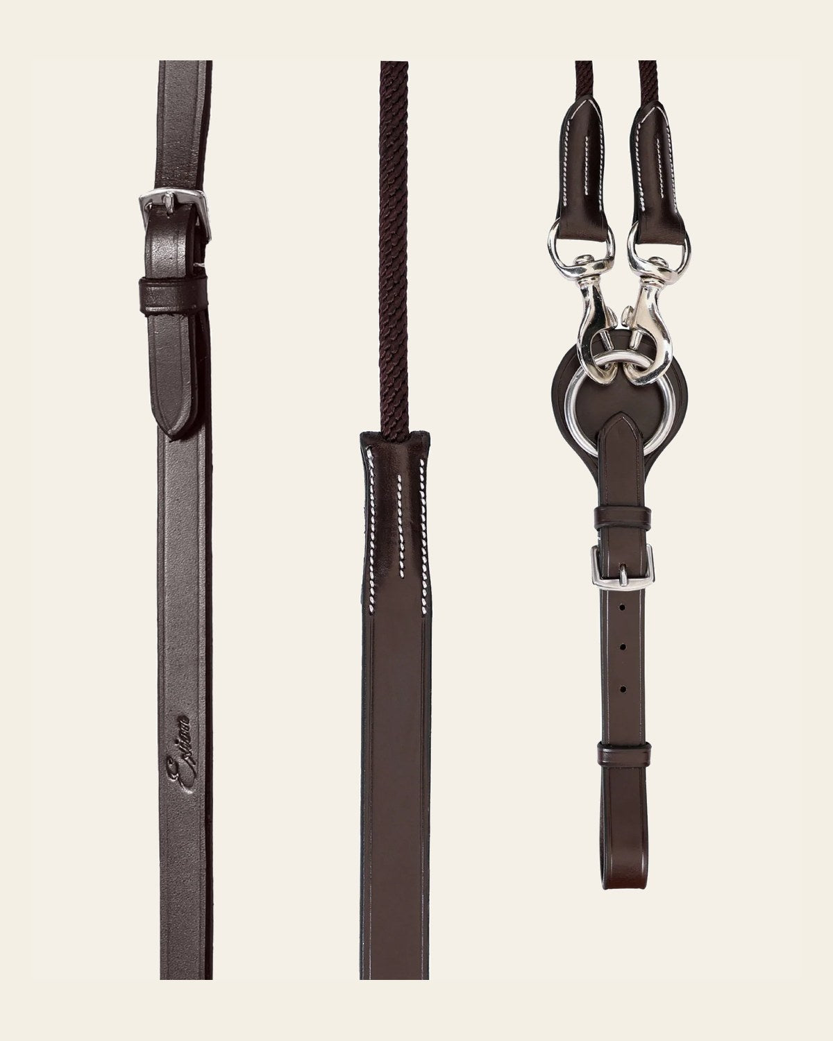 ExionPro Rope & Leather Draw Reins with Girth Loop on a warm cream background