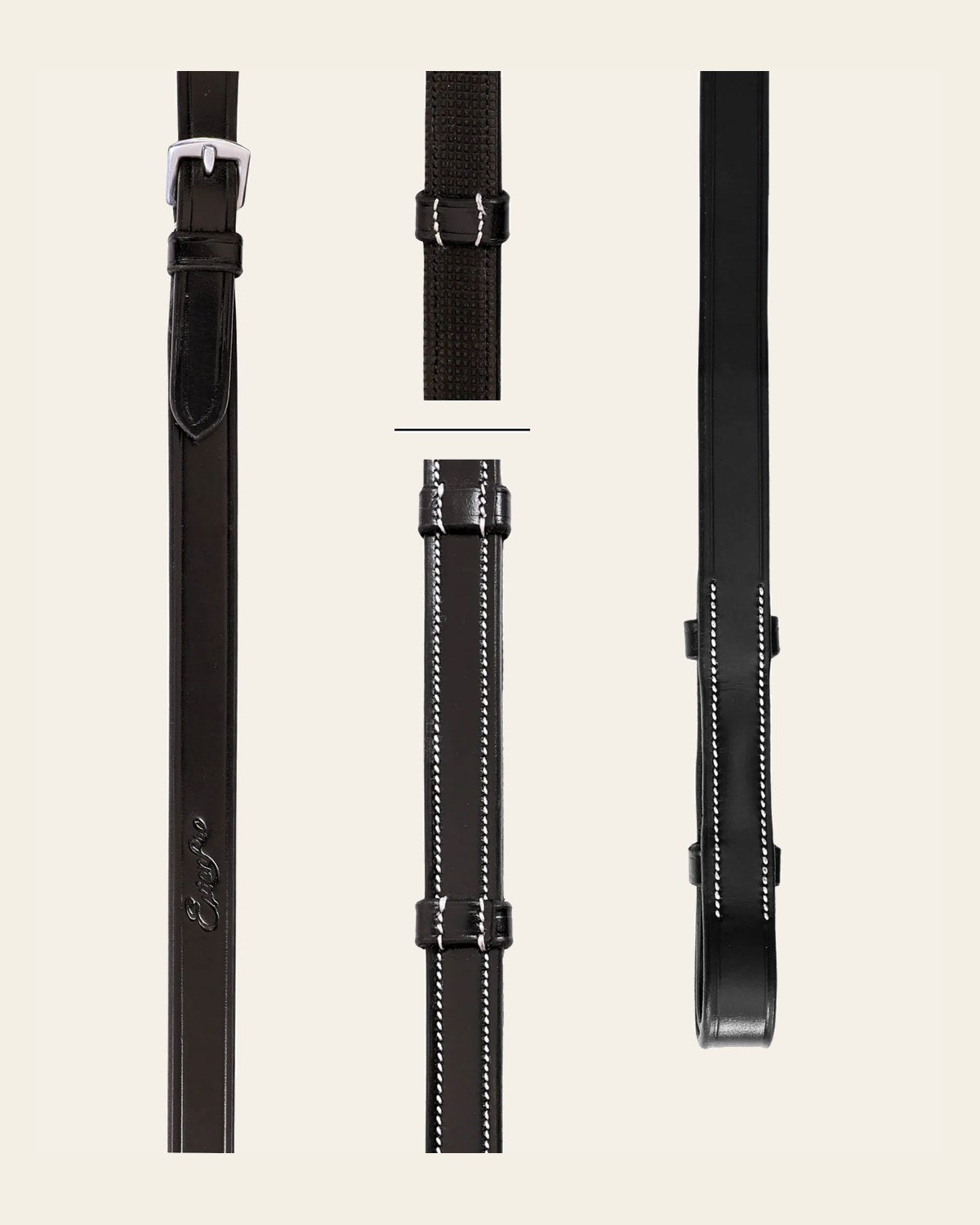 ExionPro Rubber Lined Leather Reins on a warm cream background