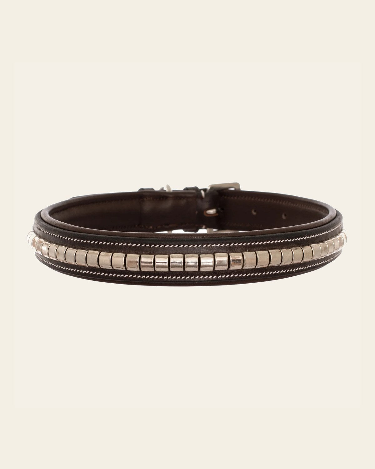 ExionPro Silver Clincher Padded Leather Dog Collar - Brown Padding on a warm cream background