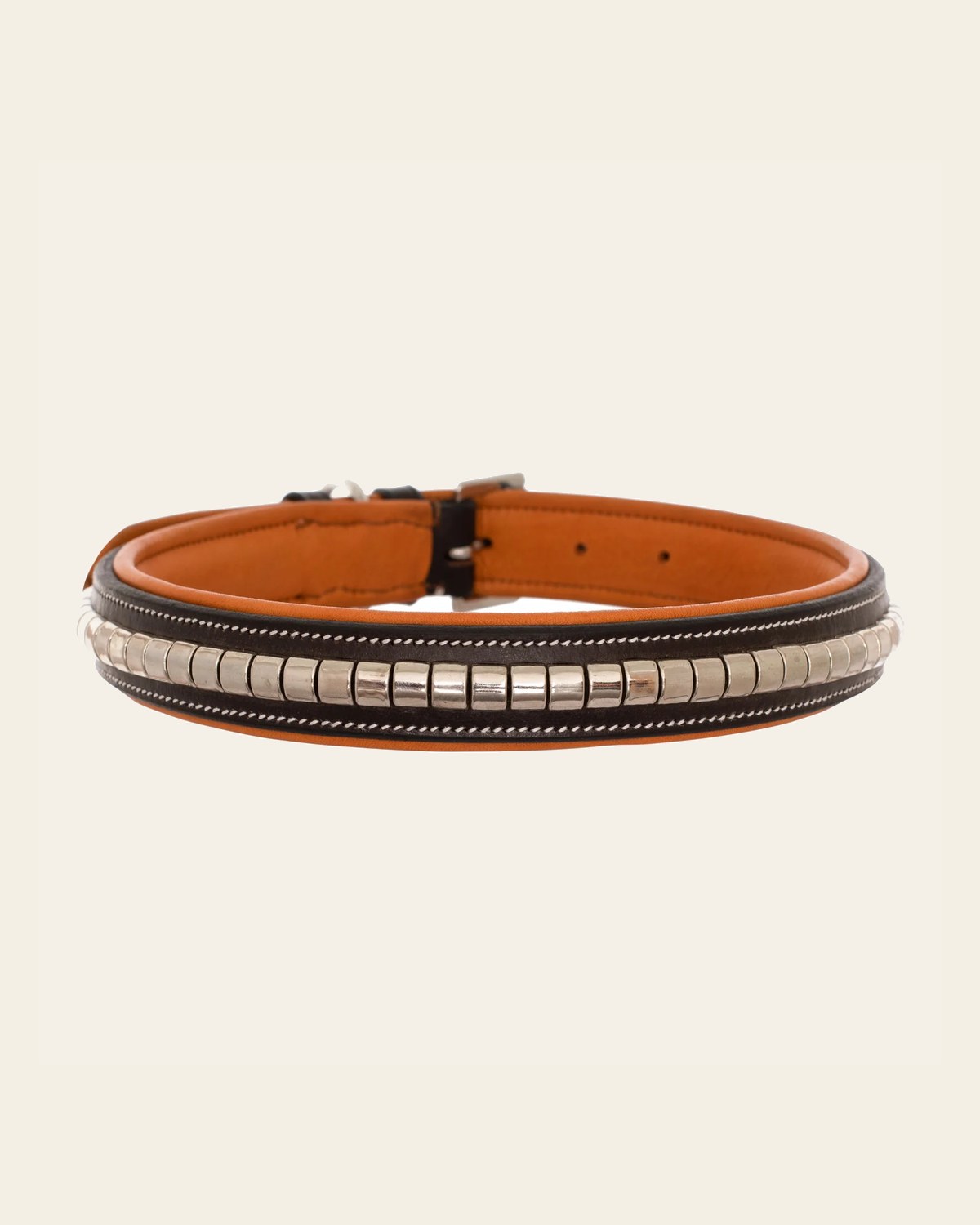 ExionPro Silver Clincher Padded Leather Dog Collar - Conker Padding on a warm cream background