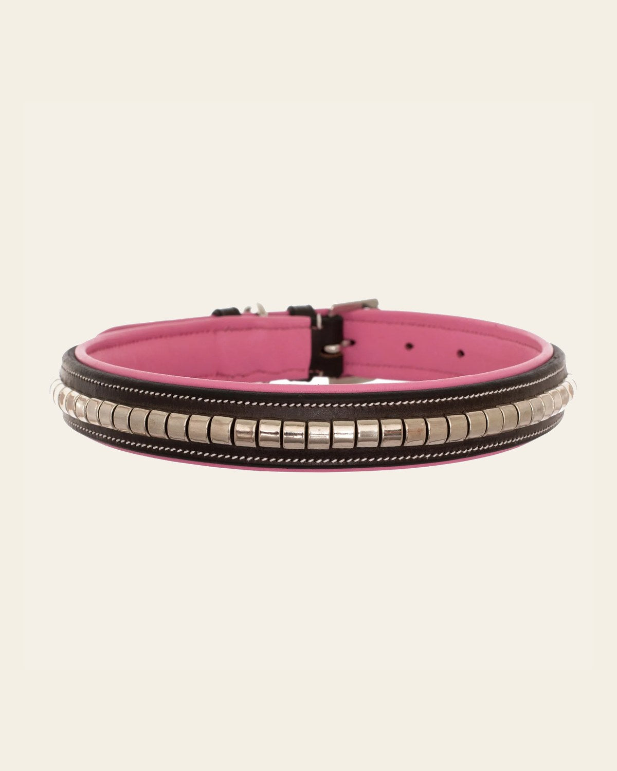 ExionPro Silver Clincher Padded Leather Dog Collar - Pink Padding on a warm cream background