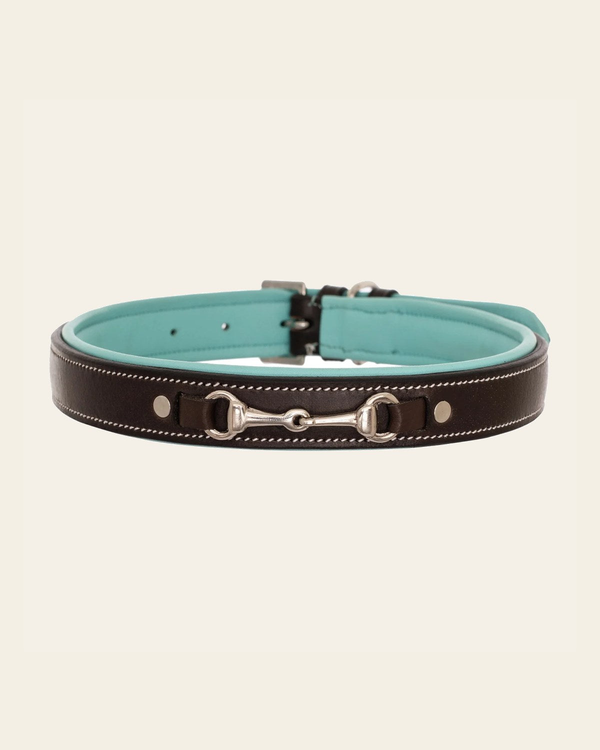 ExionPro Silver Snaffle Padded Leather Dog Collar - Sky Blue Padding on a warm cream background