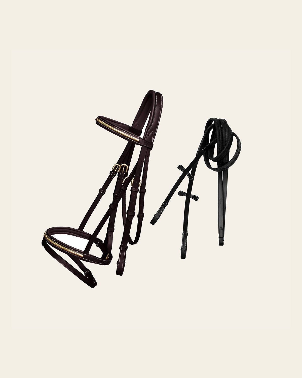 ExionPro SS / Brass Clincher Bridle With Flash and Reins on a warm cream background