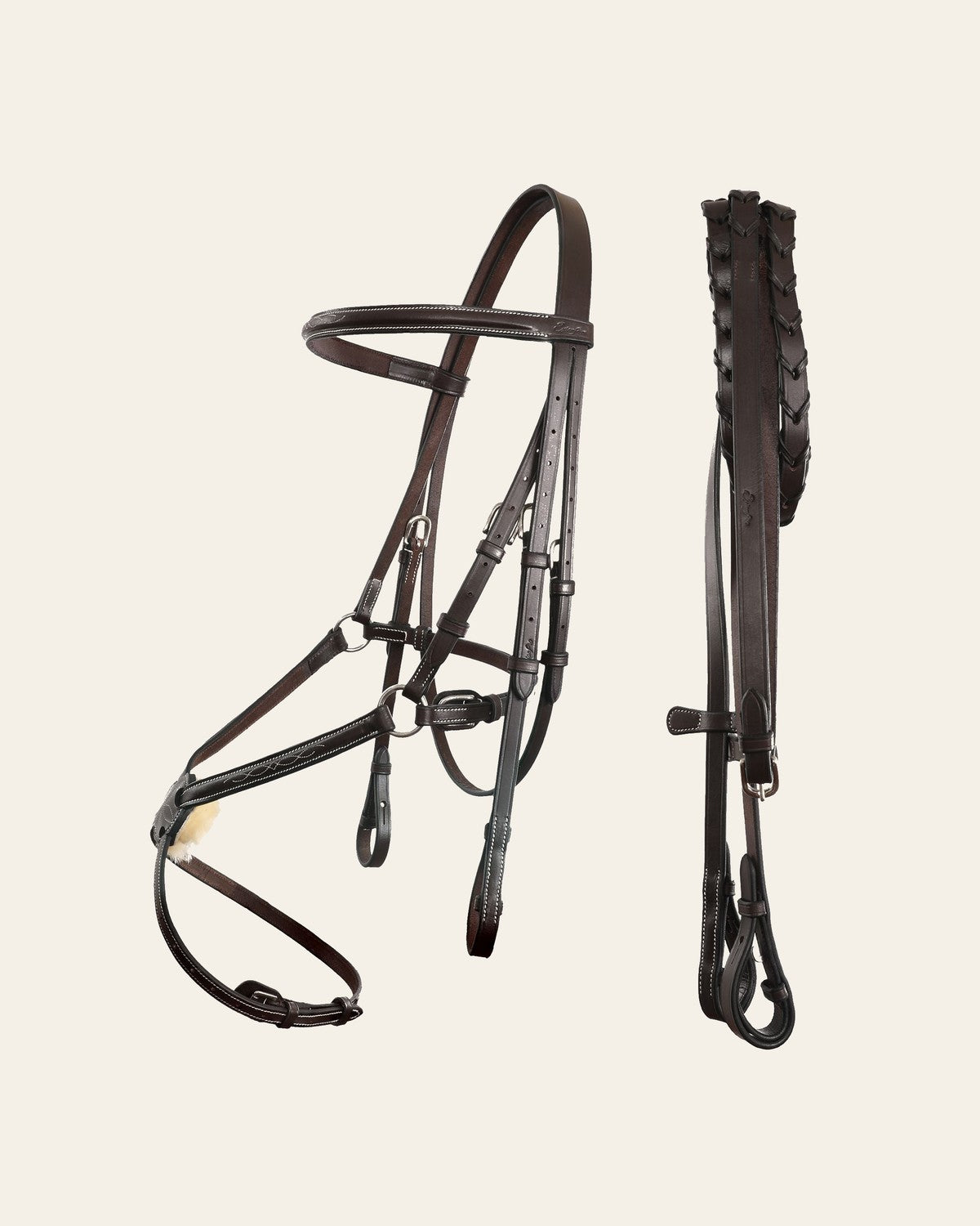 ExionPro Traditional Figure 8 Bridle with Reins on a warm cream background