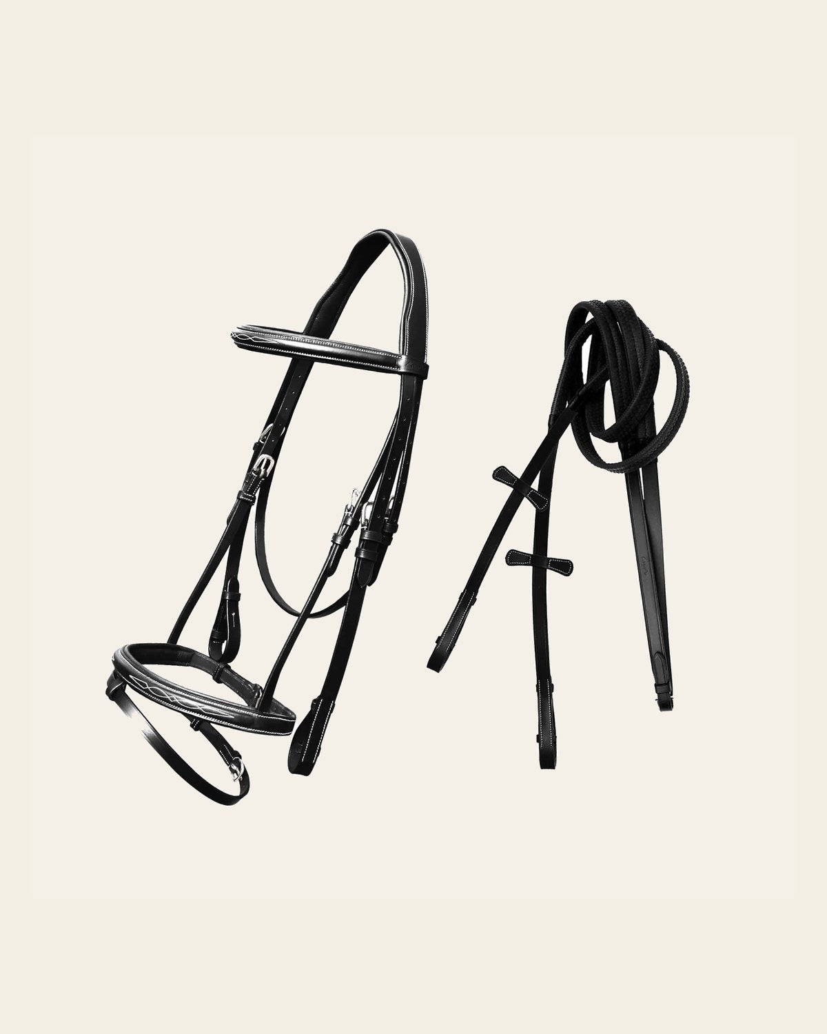 ExionPro Twin Designer Fancy Stitched English Snaffle Bridle with Reins on a warm cream background