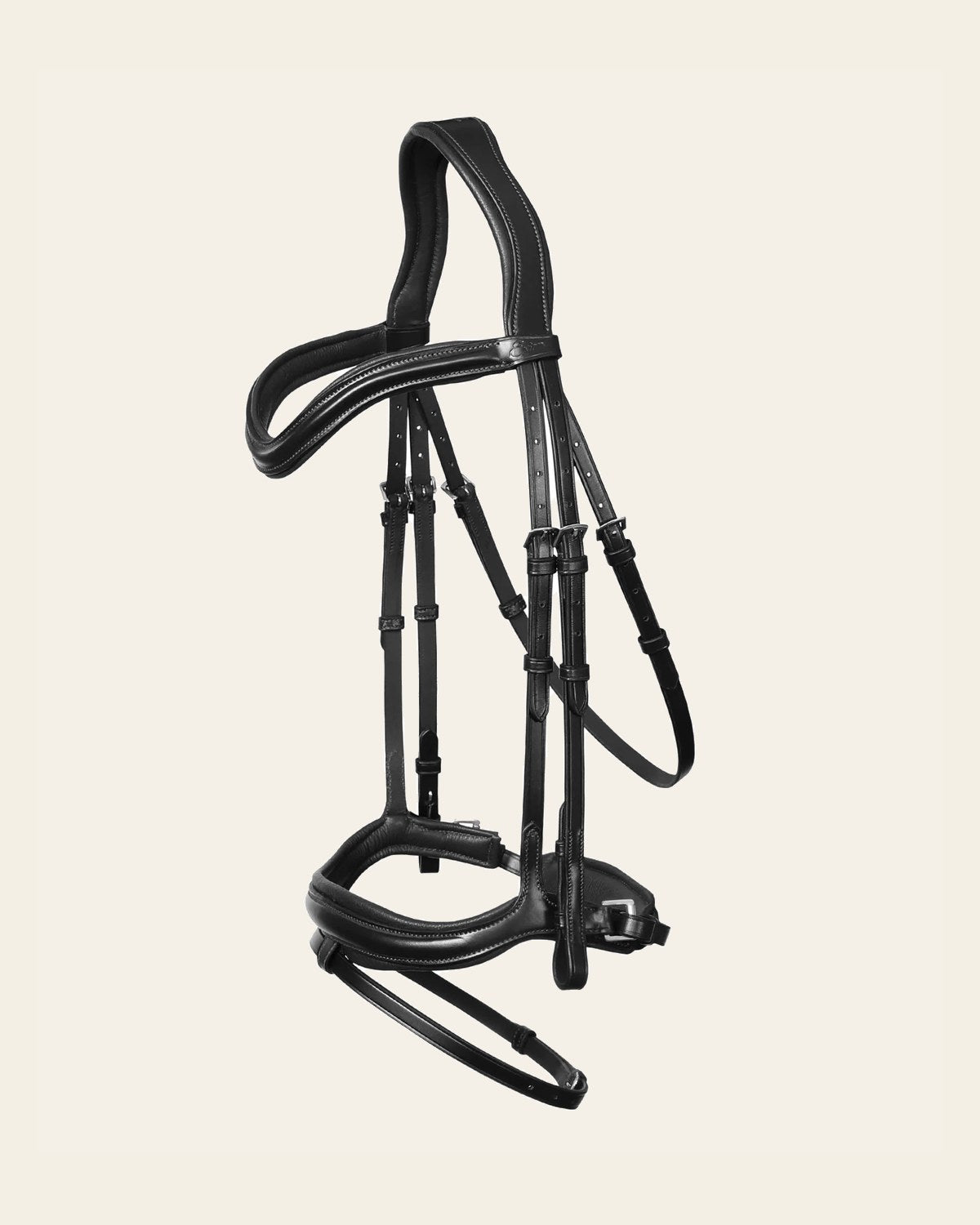 ExionPro 'Ursa' Anatomic Dressage Bridle with Reins on a warm cream background