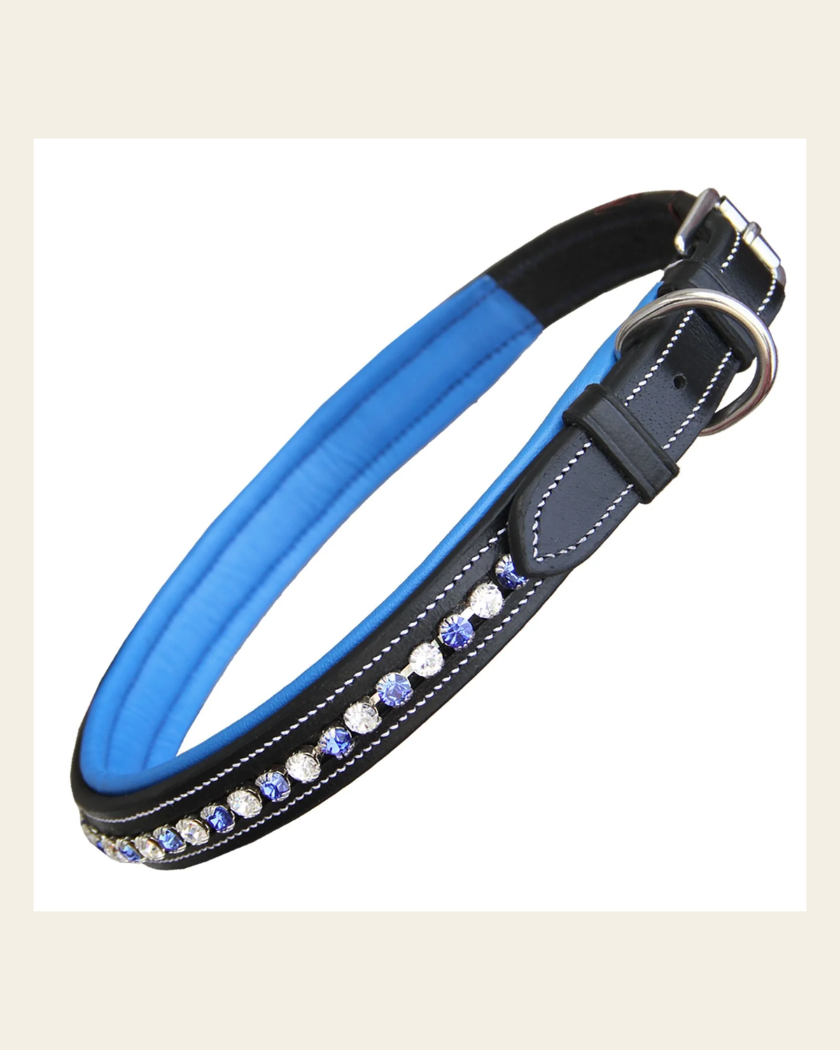 ExionPro White & Blue Bling Dog Collar on a warm cream background