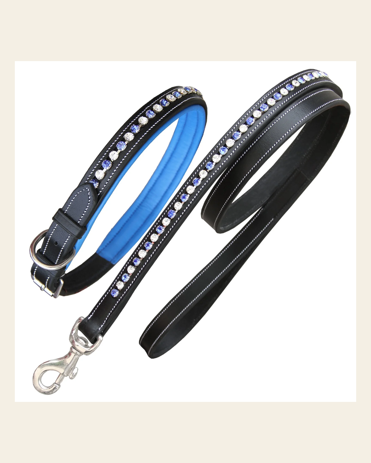 ExionPro White & Blue Bling Dog Collar With Leash on a warm cream background