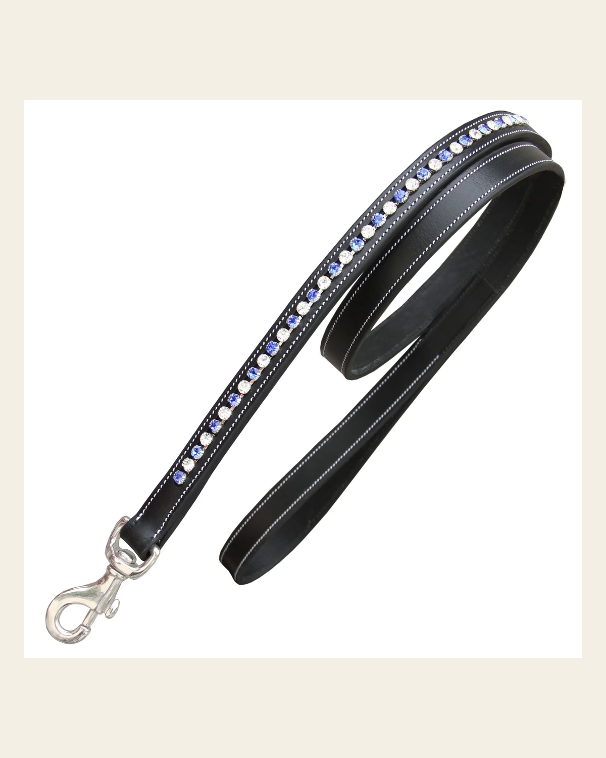 ExionPro White & Blue Bling Dog Leash on a warm cream background