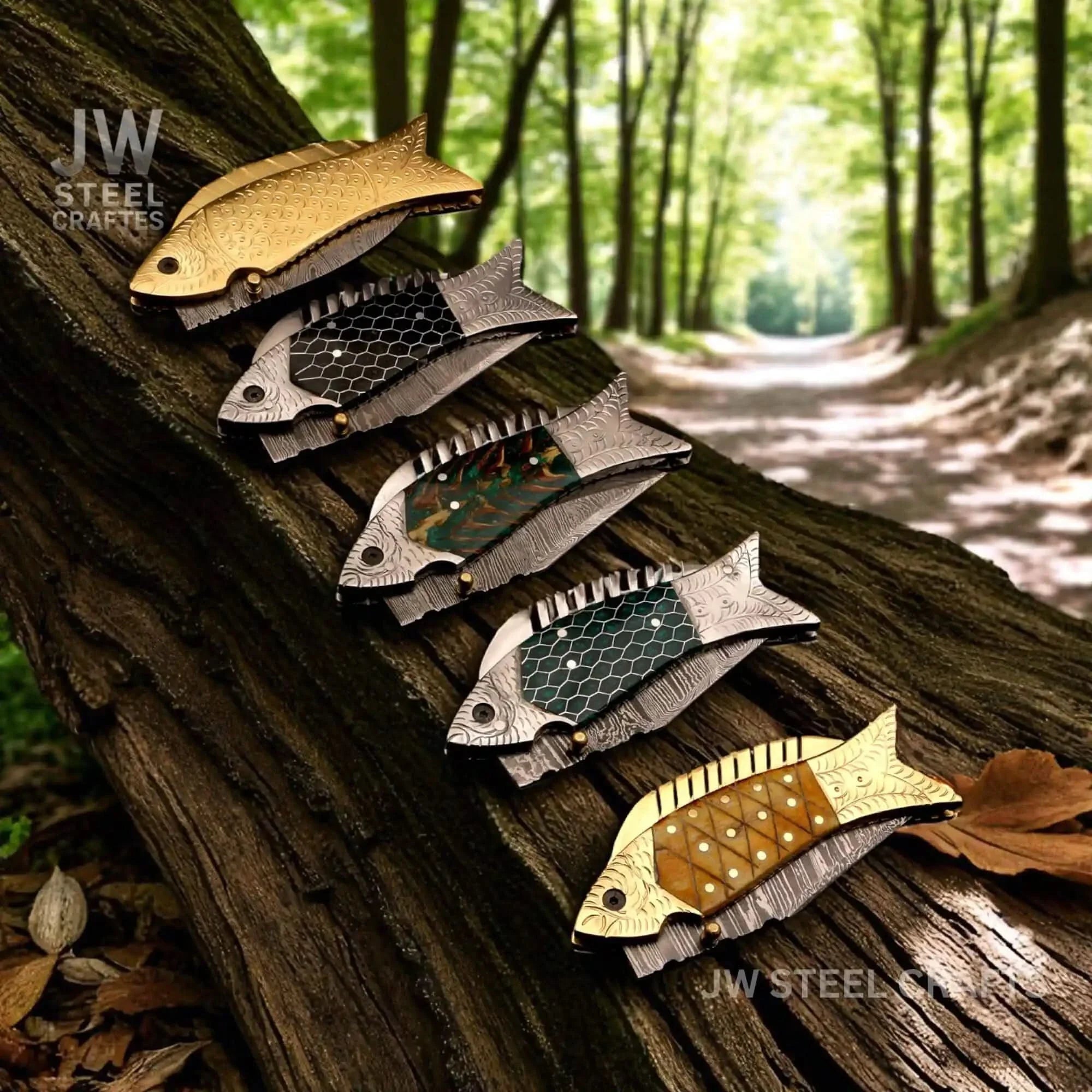 Damascus Fish Folding Knife Set with  Hand-Engraved Fish Handles