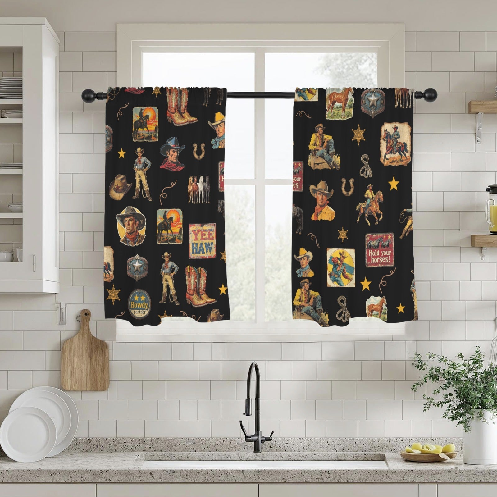 Baha Ranch Vintage Cowboy Collage Western Curtains 28" x 40" Made in America by Baha Ranch Western Wear