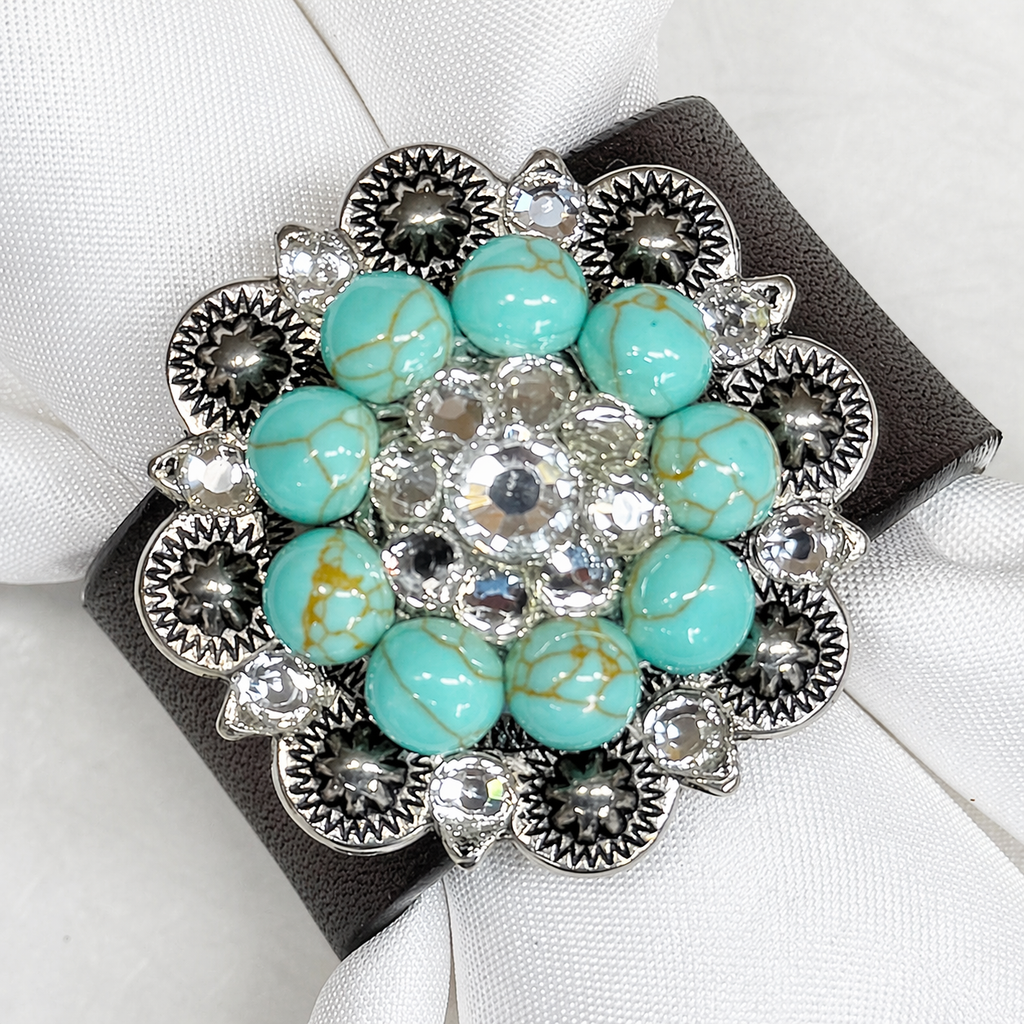Antique Silver Turquoise/Clear Crystal Concho Napkin Ring #CNR105 — view 2