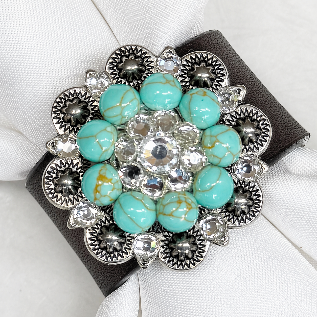 Antique Silver Turquoise/Clear Crystal Concho Napkin Ring #CNR105 — view 2